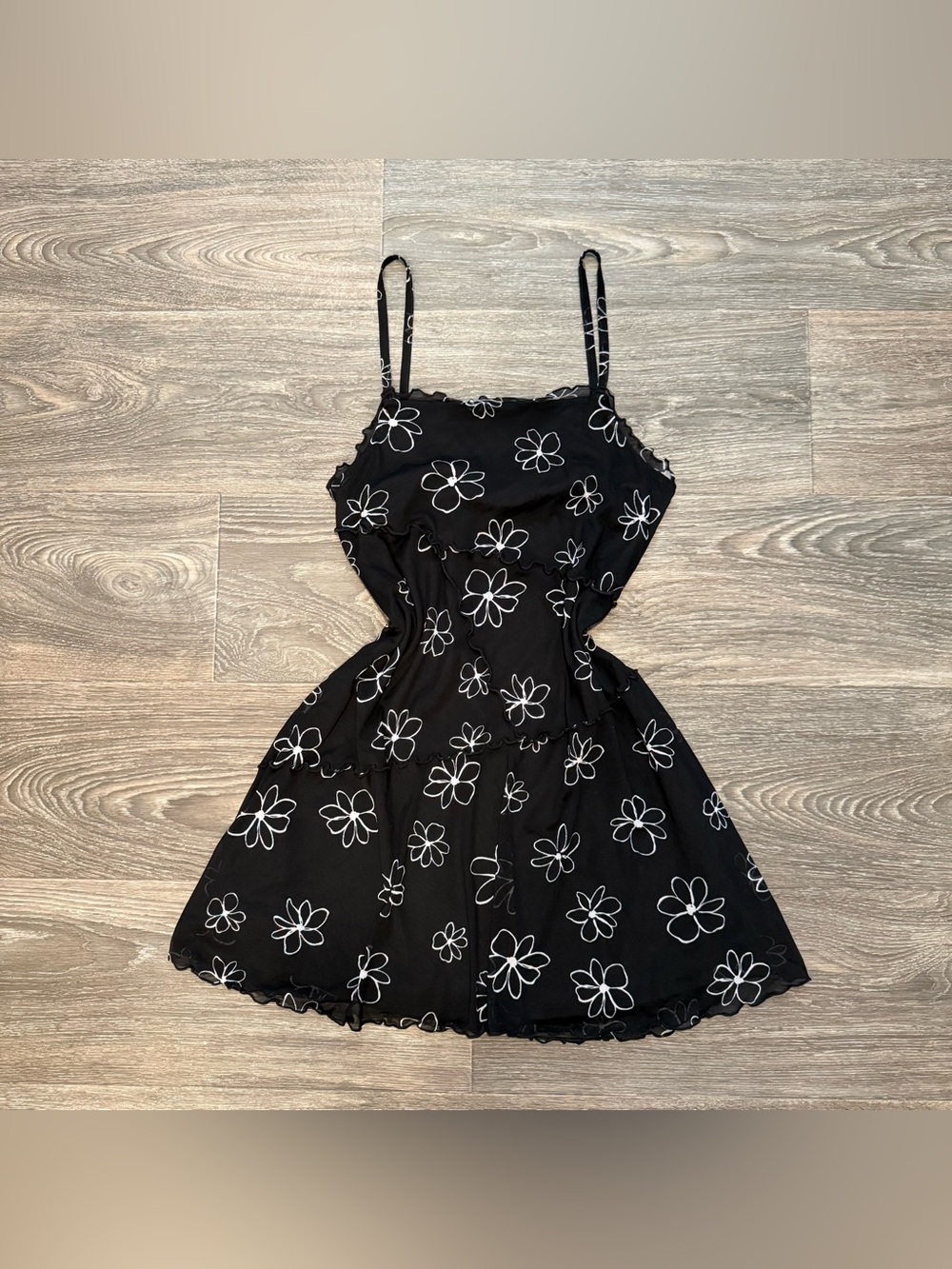 black & white floral mesh seamed cami skater mini slip dress